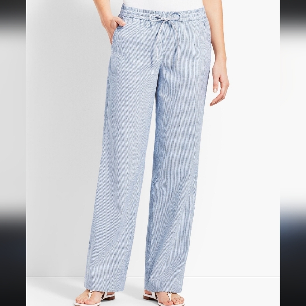 Talbots Petites Linen Cotton Striped Wide Leg Pants size 2P White Blue